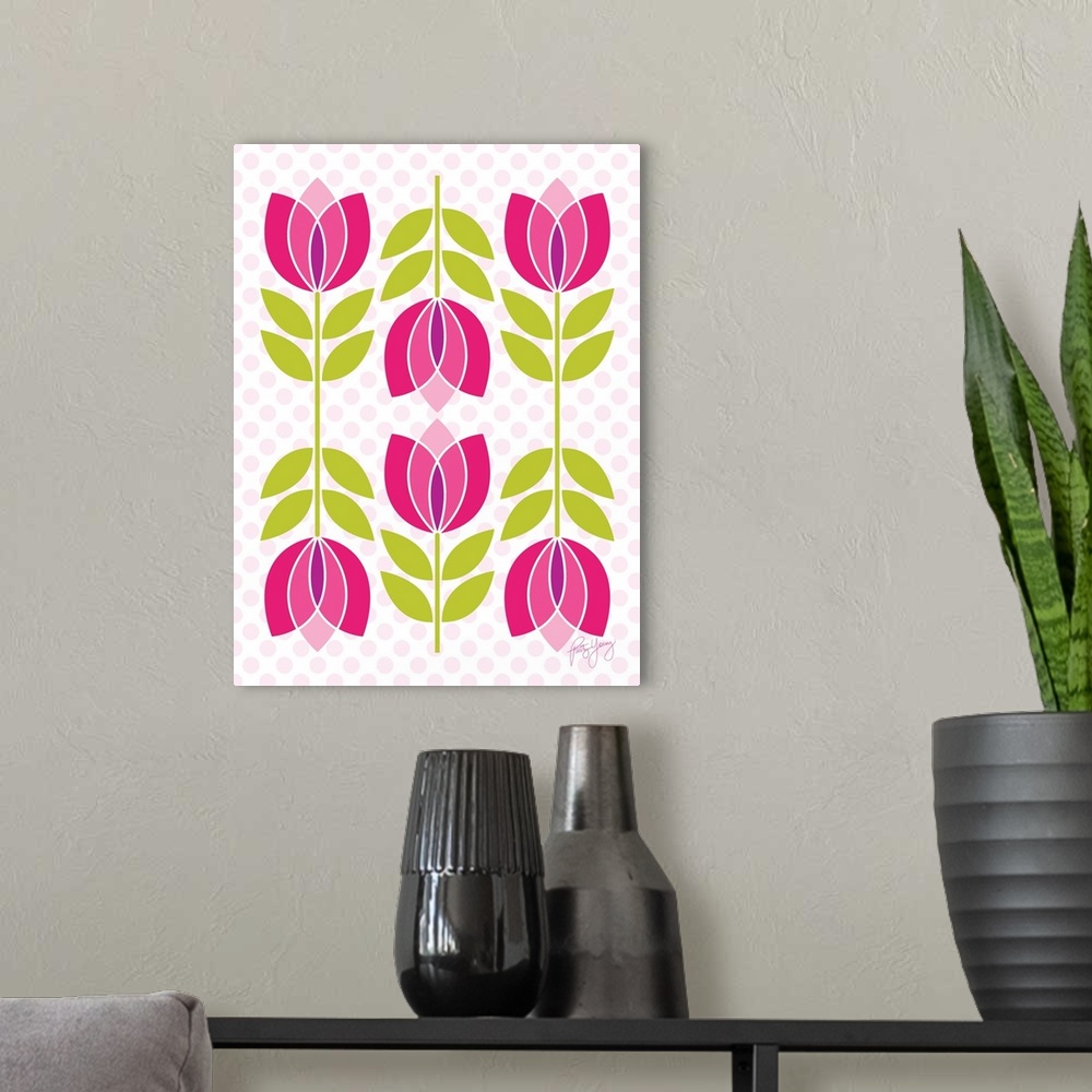 A modern room featuring Retro pink and purple tulips on a pink and white polka dot background.