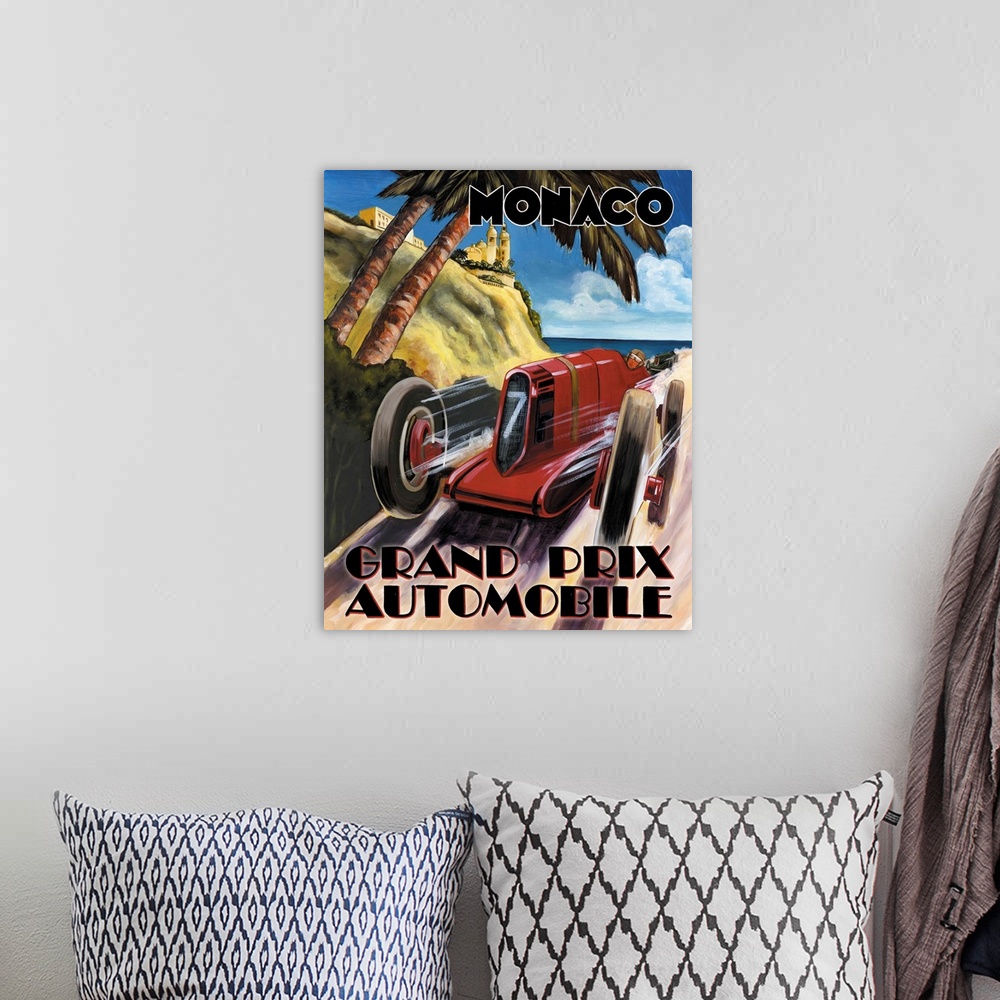 A bohemian room featuring Painted sign reading "Monaco Grand Prix Automobile" with a red vintage race car racing up a path ...