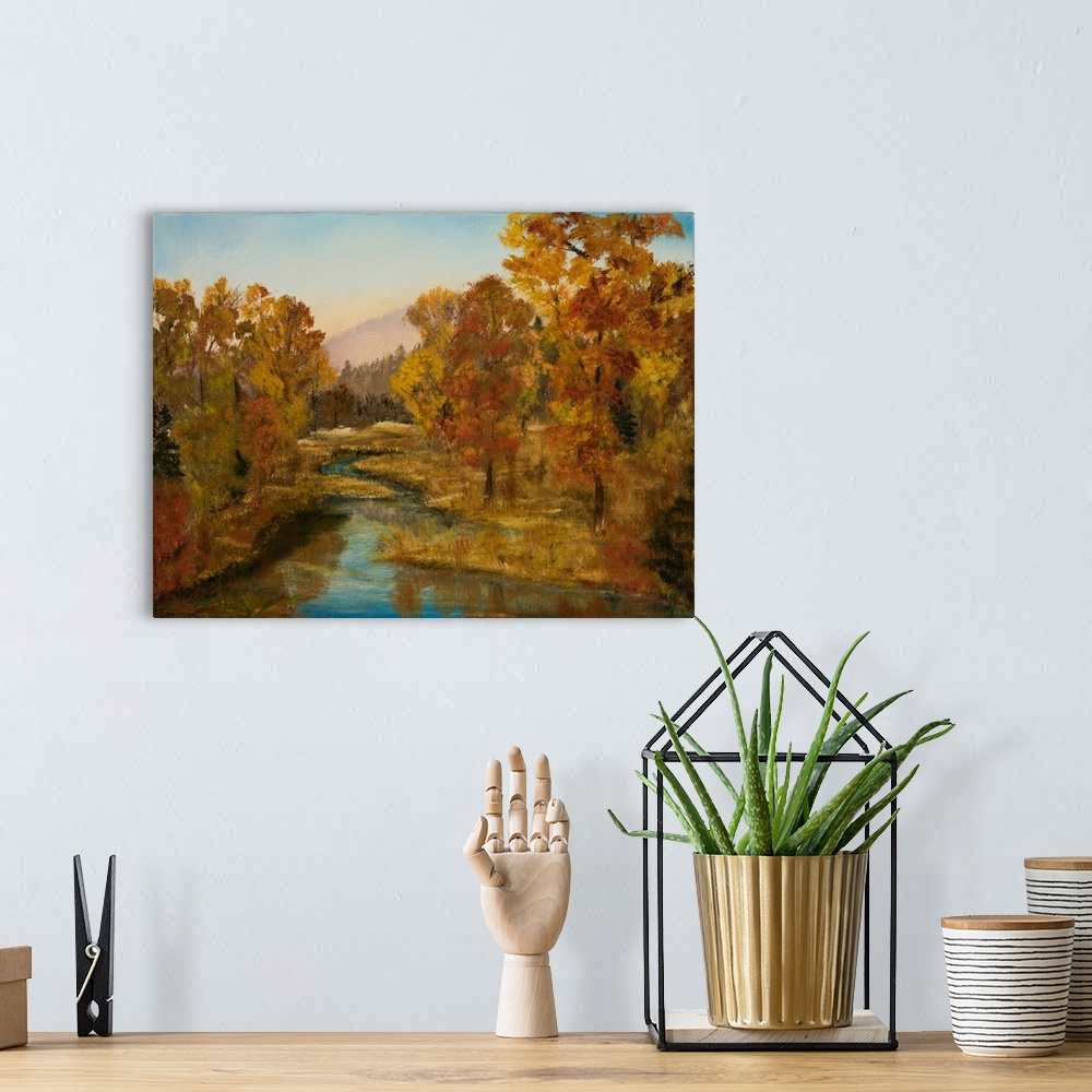 A bohemian room featuring Contemporary landscape painting of a winding stream flowing through Autumn trees in the mountains.