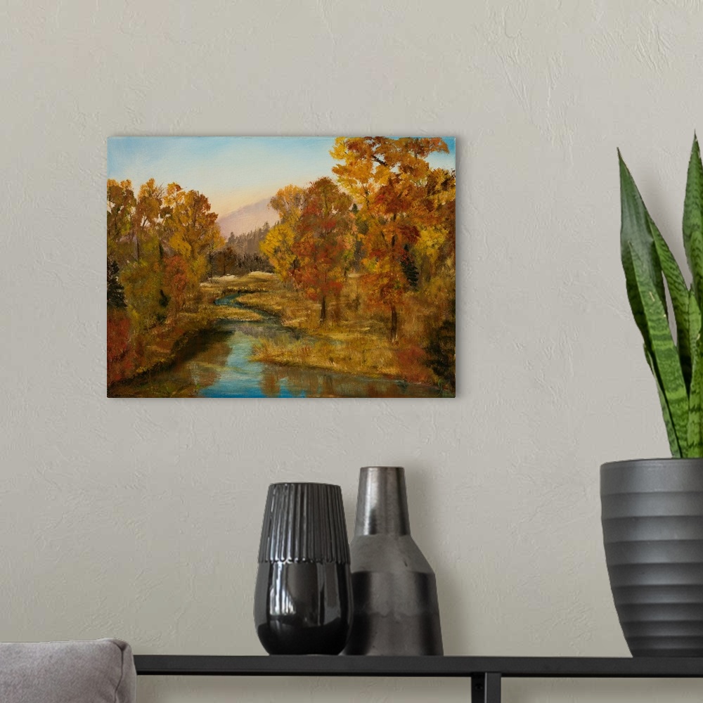 A modern room featuring Contemporary landscape painting of a winding stream flowing through Autumn trees in the mountains.