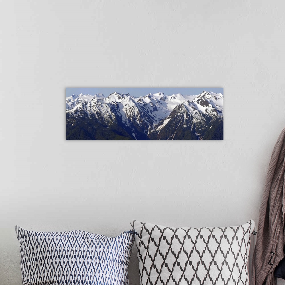 A bohemian room featuring Panoramic photograph of snow capped Hurricane Ridge, Olympic Mountains, Washington.
