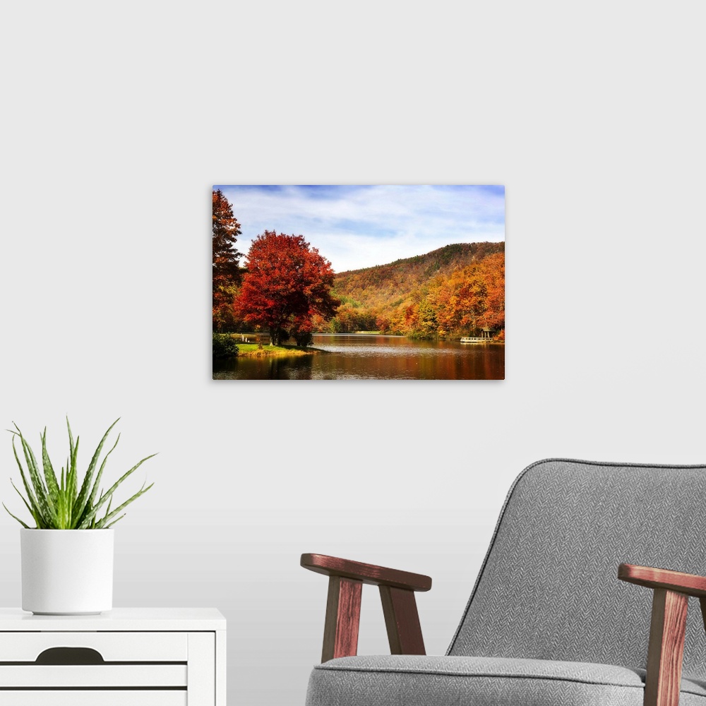 A modern room featuring Mountain Lake Autumn