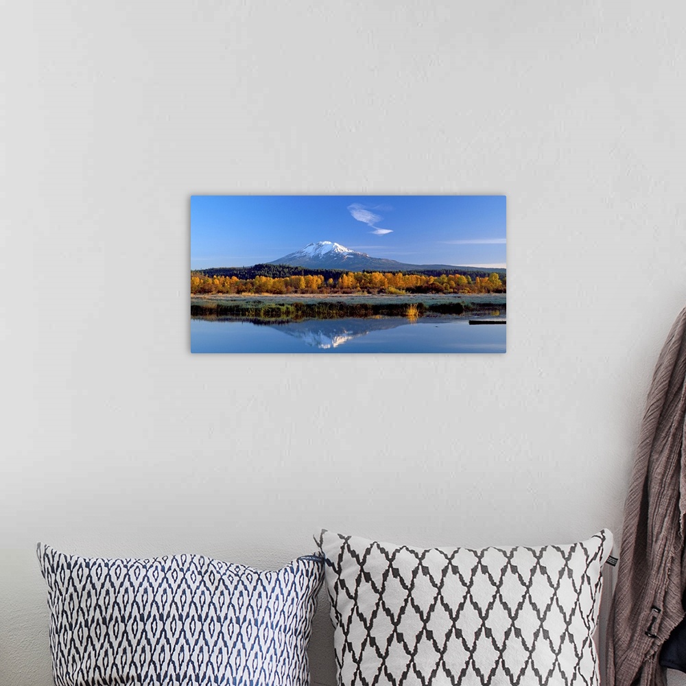 A bohemian room featuring View of the peak of Mount Adams in Washington, reflected in the water.