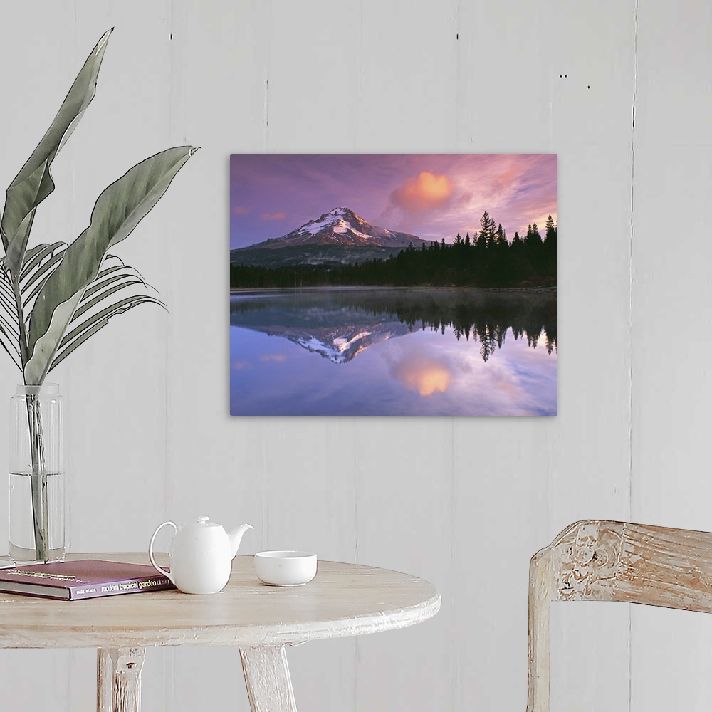 A farmhouse room featuring Mount Hood and the surrounding forests reflected in a lake, Oregon.