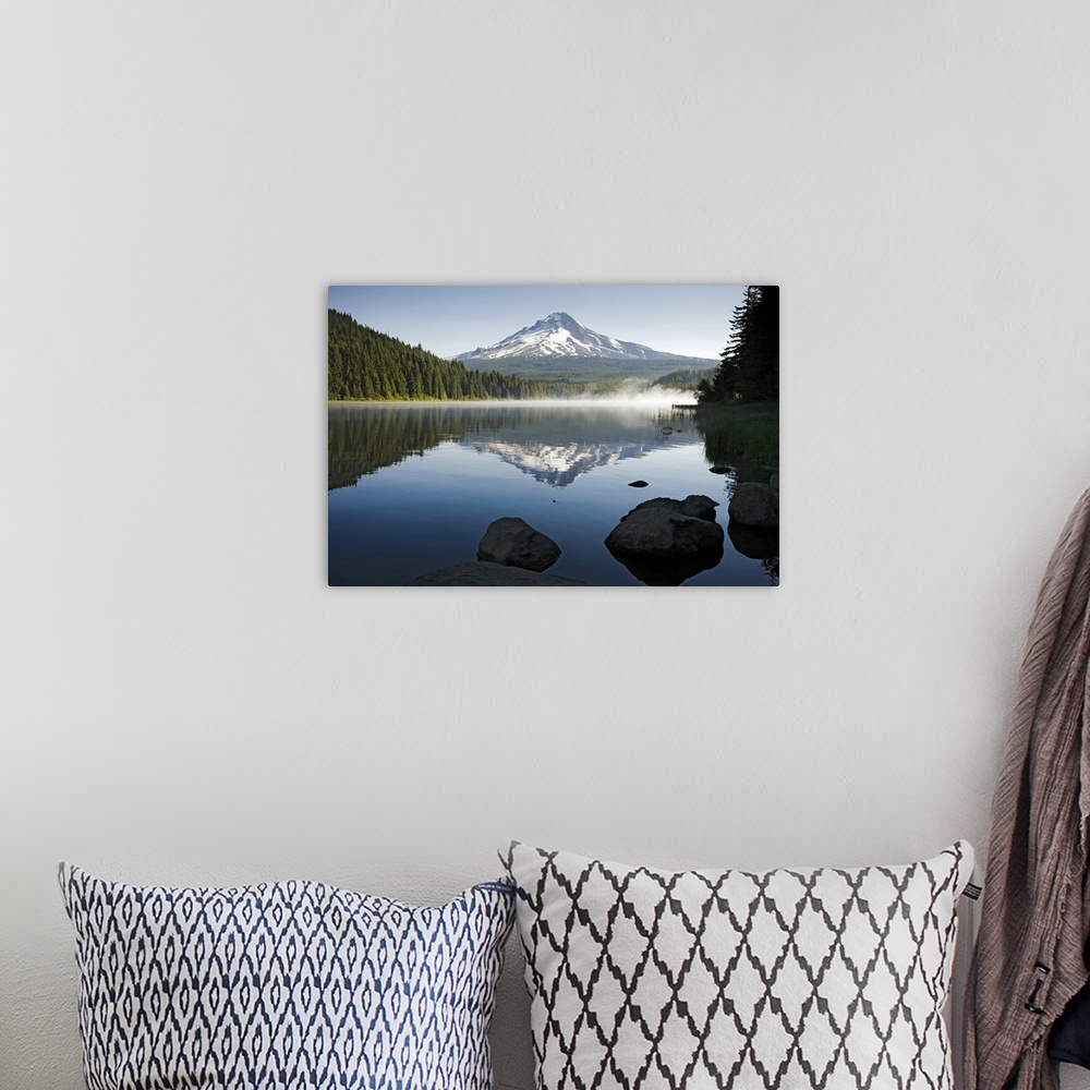 A bohemian room featuring Early morning view in mid summer of Mount Hood with fog covered Trillium Lake in foreground, Oreg...