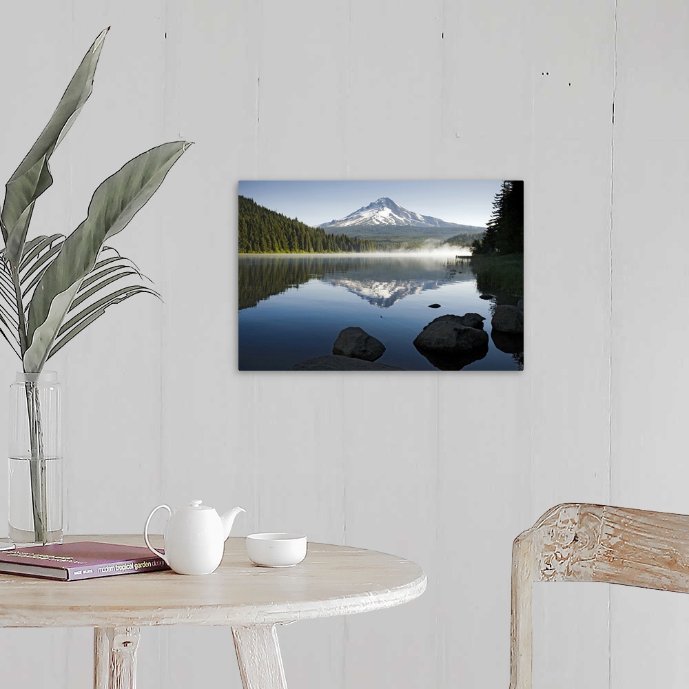 A farmhouse room featuring Early morning view in mid summer of Mount Hood with fog covered Trillium Lake in foreground, Oreg...