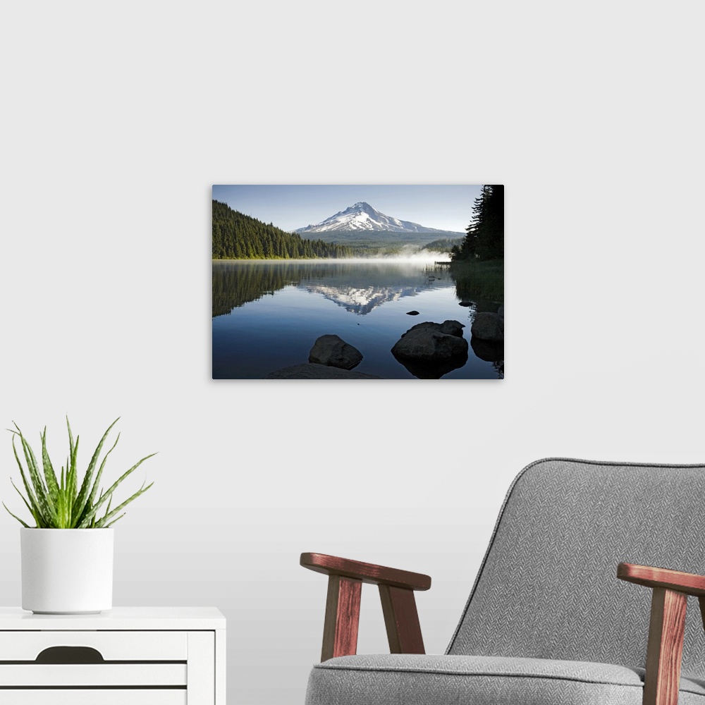 A modern room featuring Early morning view in mid summer of Mount Hood with fog covered Trillium Lake in foreground, Oreg...