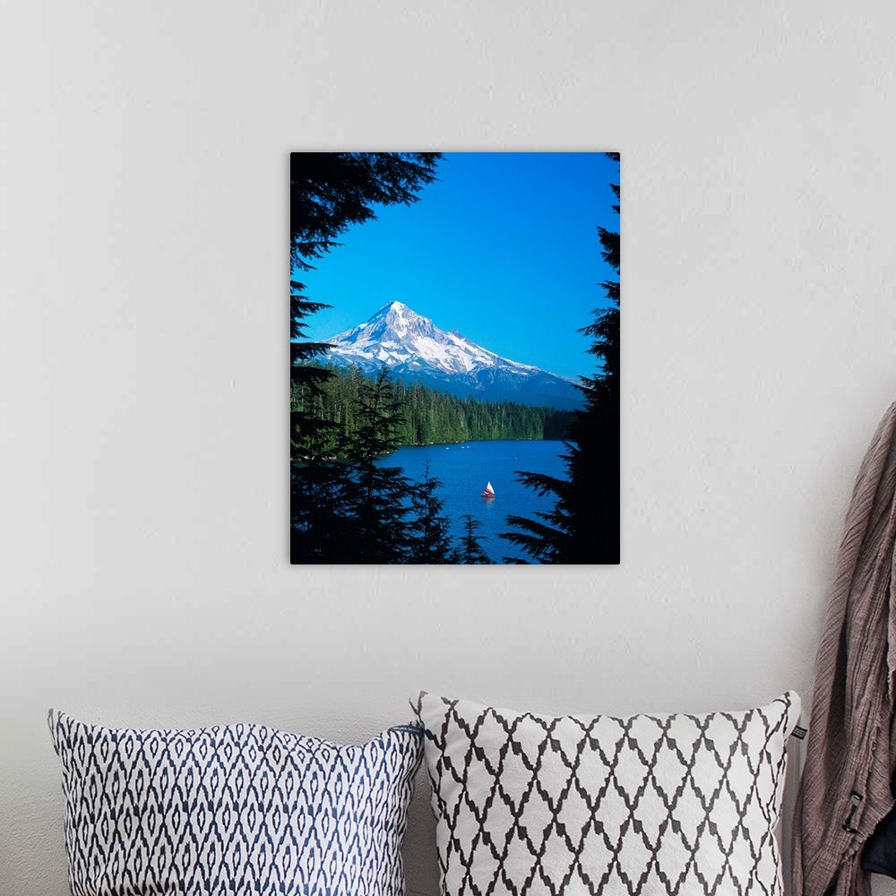 A bohemian room featuring Snowy Mount Hood seen from a lake surrounded by pine trees.