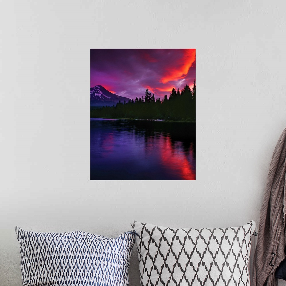 A bohemian room featuring Fiery sunset illuminating the clouds above Mount Hood.