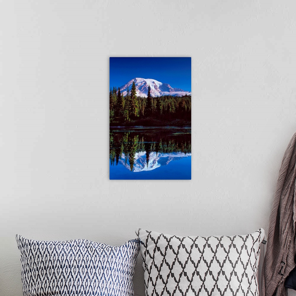 A bohemian room featuring Mount Rainier and a pine forest reflected in a lake.