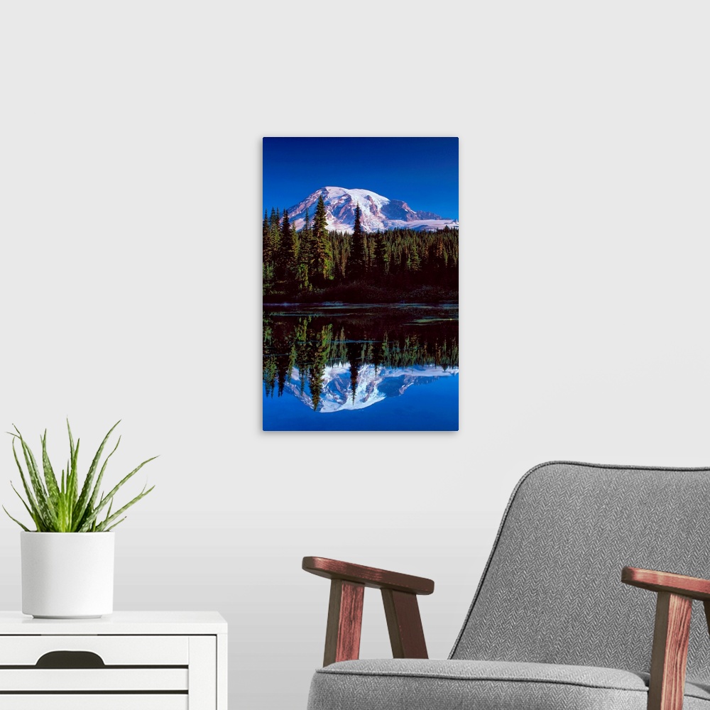 A modern room featuring Mount Rainier and a pine forest reflected in a lake.