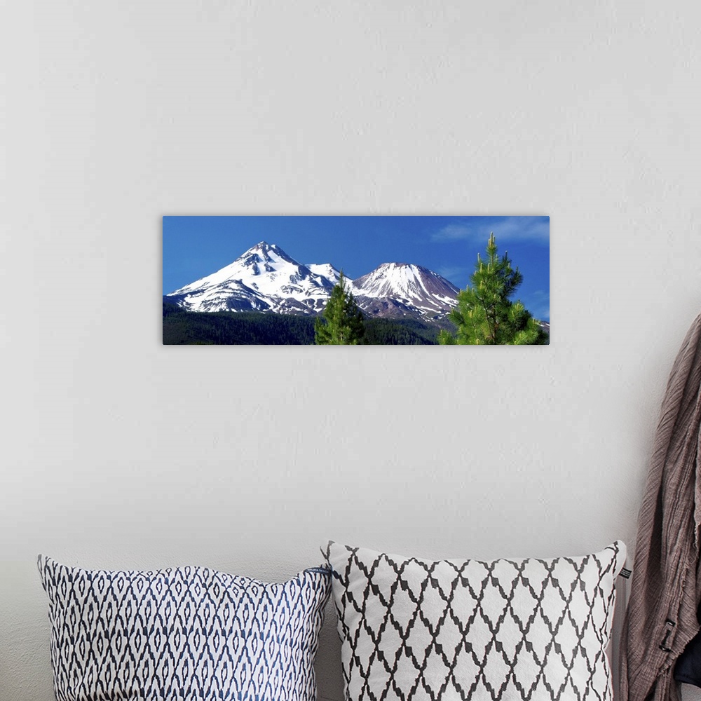 A bohemian room featuring Panoramic view of snow-capped Mount Shasta in California.