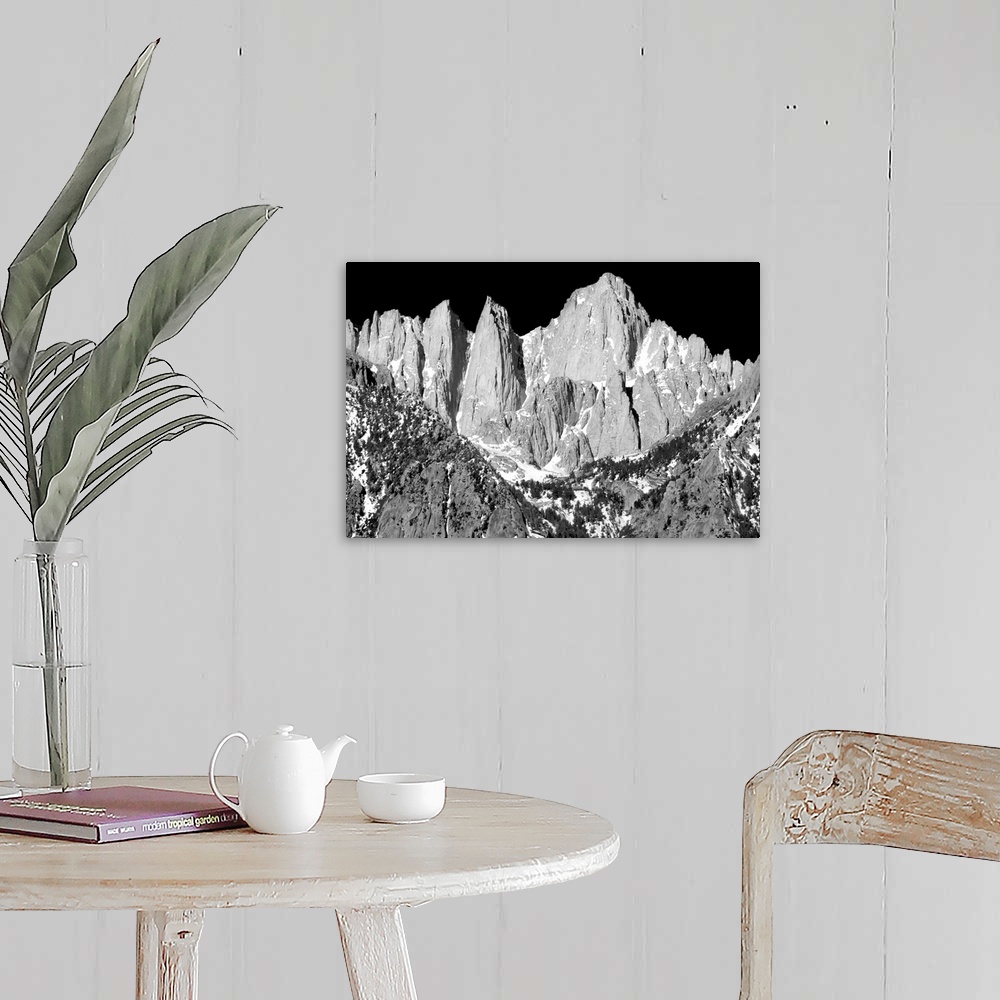 A farmhouse room featuring Black and white photograph of Mount Whitney.