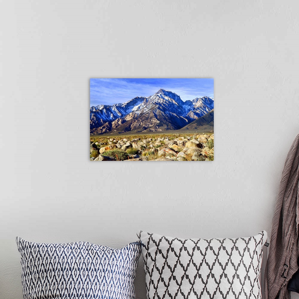 A bohemian room featuring Landscape photograph of a rocky terrain leading to snow covered mountains.