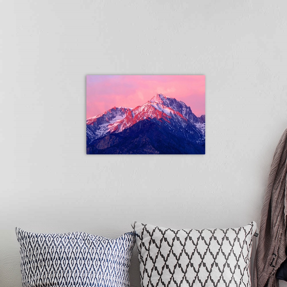 A bohemian room featuring Photograph of Mount Williamson at sunrise with the pink sky reflecting onto the snowy peaks.