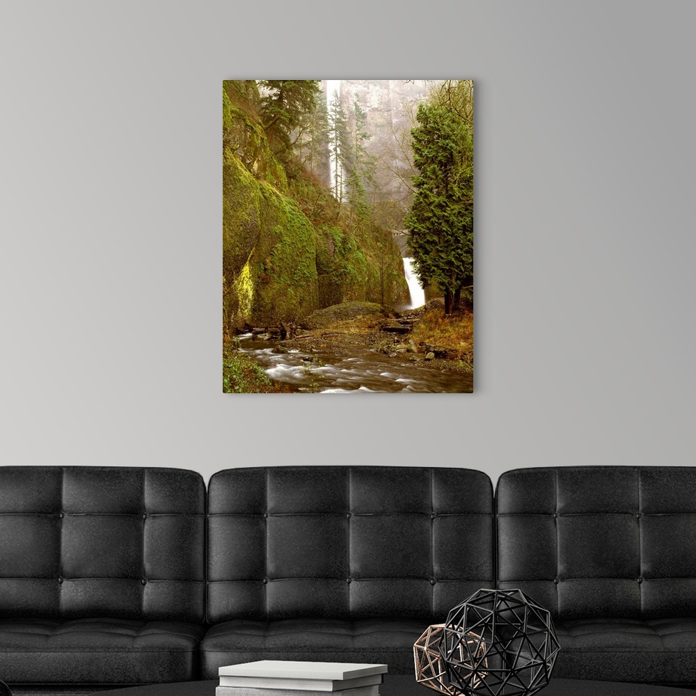 A modern room featuring Landscape photograph with Multnomah Falls in the background and a rushing creek in the forground,...