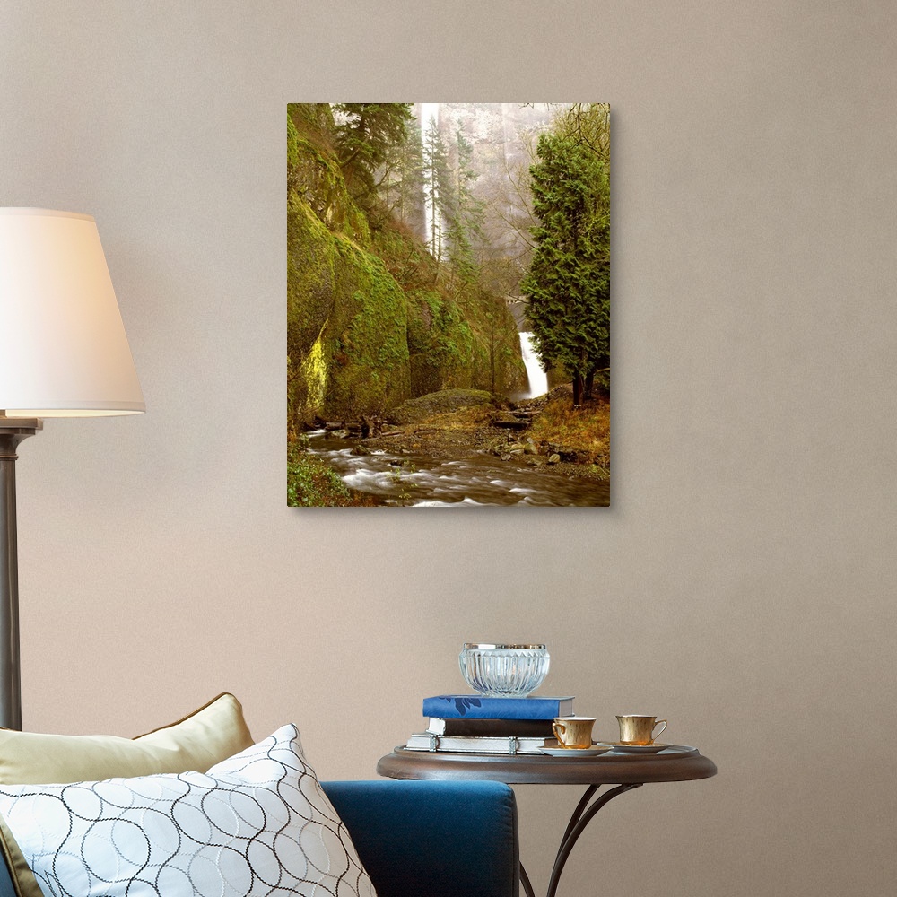 A traditional room featuring Landscape photograph with Multnomah Falls in the background and a rushing creek in the forground,...