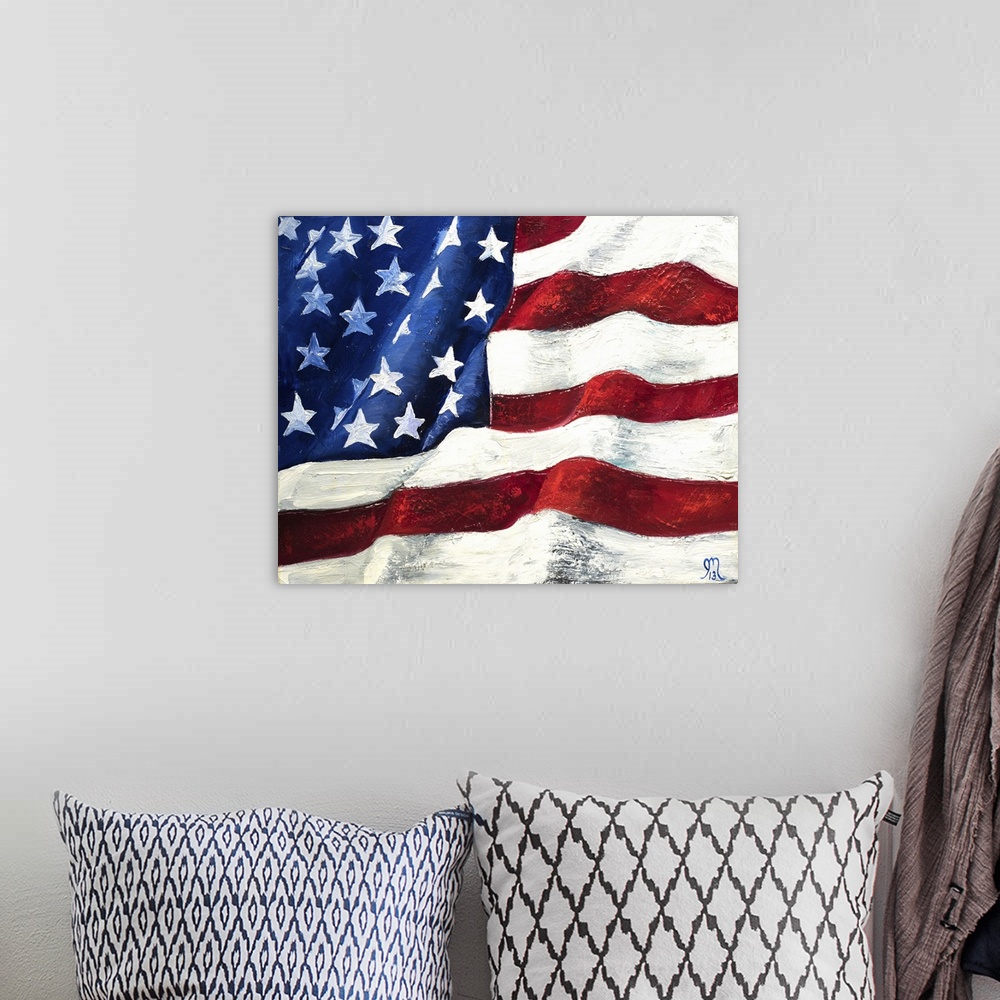 A bohemian room featuring Contemporary painting of a waving American Flag.