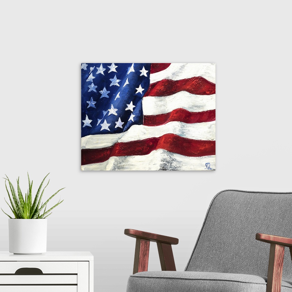 A modern room featuring Contemporary painting of a waving American Flag.