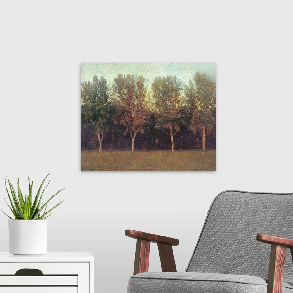 A modern room featuring Big painting on canvas of trees in a row with a forest behind them.