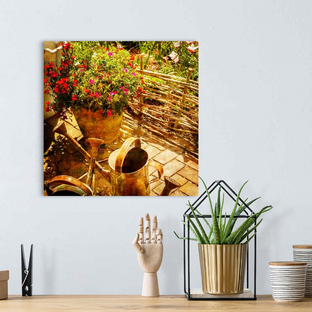 A bohemian room featuring Square photograph of potted flowers and rustic watering cans lit with golden sunlight.