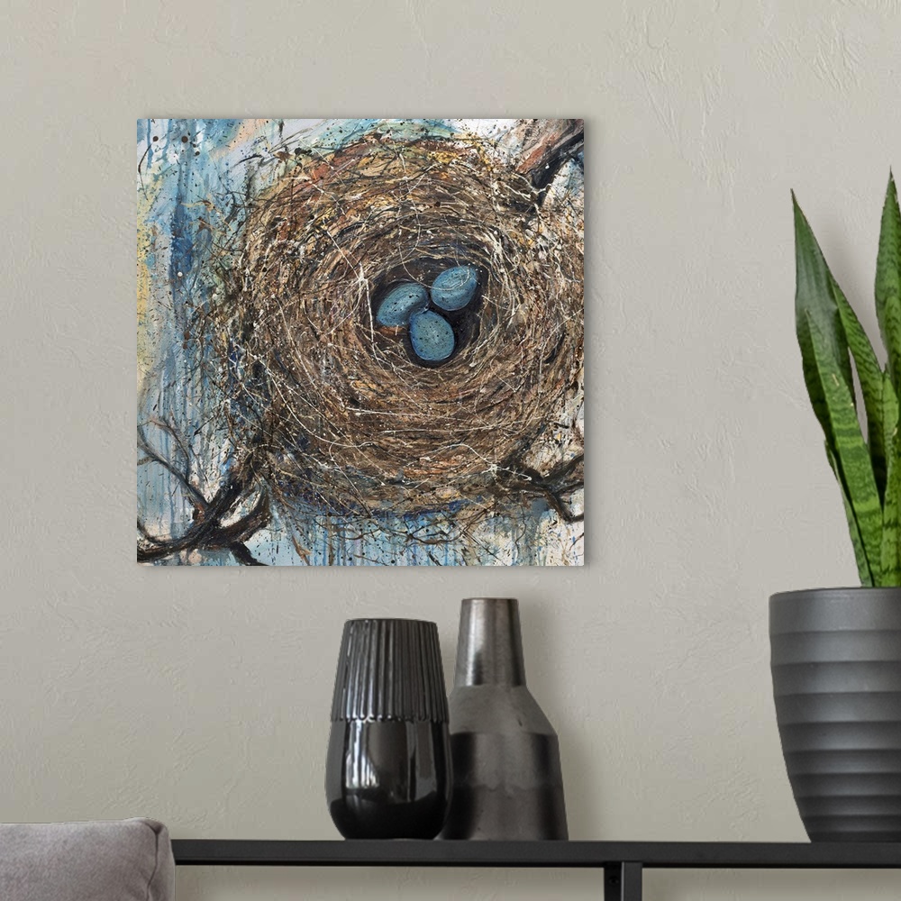 A modern room featuring Square painting of a bird's nest with three blue eggs inside on a blue, yellow, and white backgro...