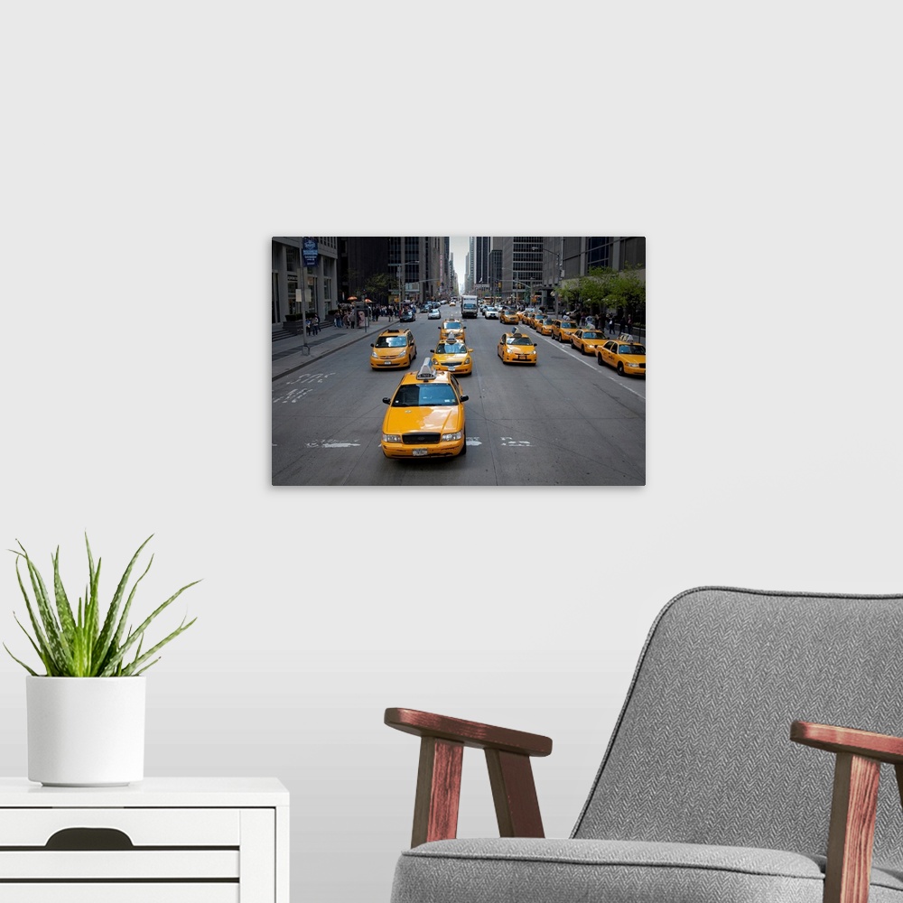 A modern room featuring NYC Taxi Cabs