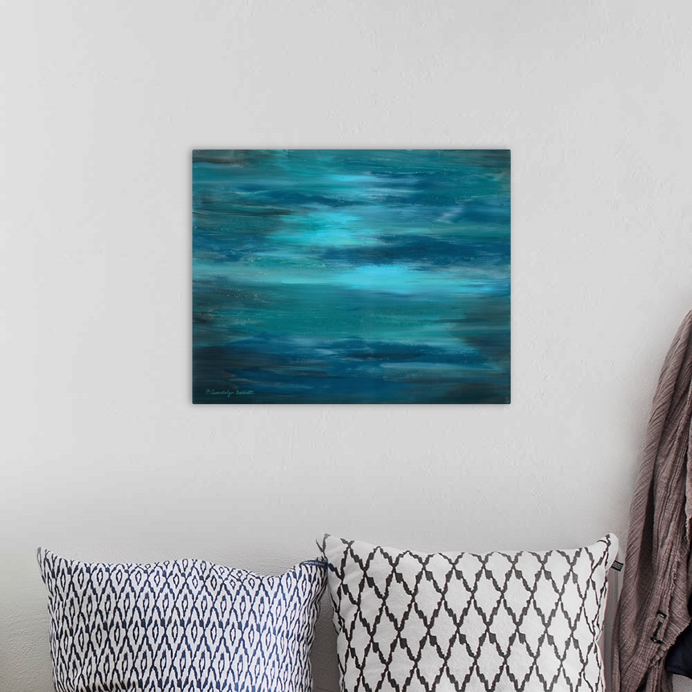 A bohemian room featuring Abstract painting created with horizontal brushstrokes in shades of blue representing the ocean.