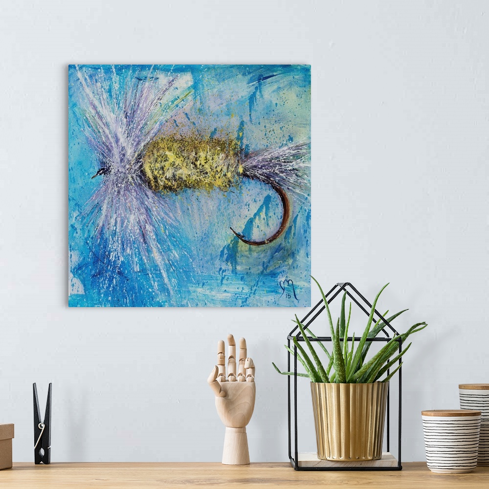 A bohemian room featuring Square painting of a purple, white, and yellow fly fishing lure on a blue and green background.
