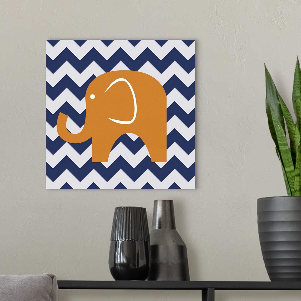 A modern room featuring Whimsical square art with an illustration of an orange elephant on a blue and gray zig-zag backgr...