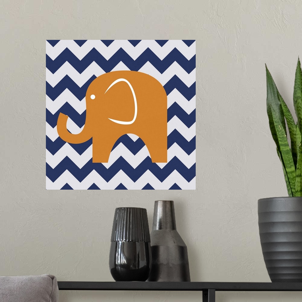 A modern room featuring Whimsical square art with an illustration of an orange elephant on a blue and gray zig-zag backgr...