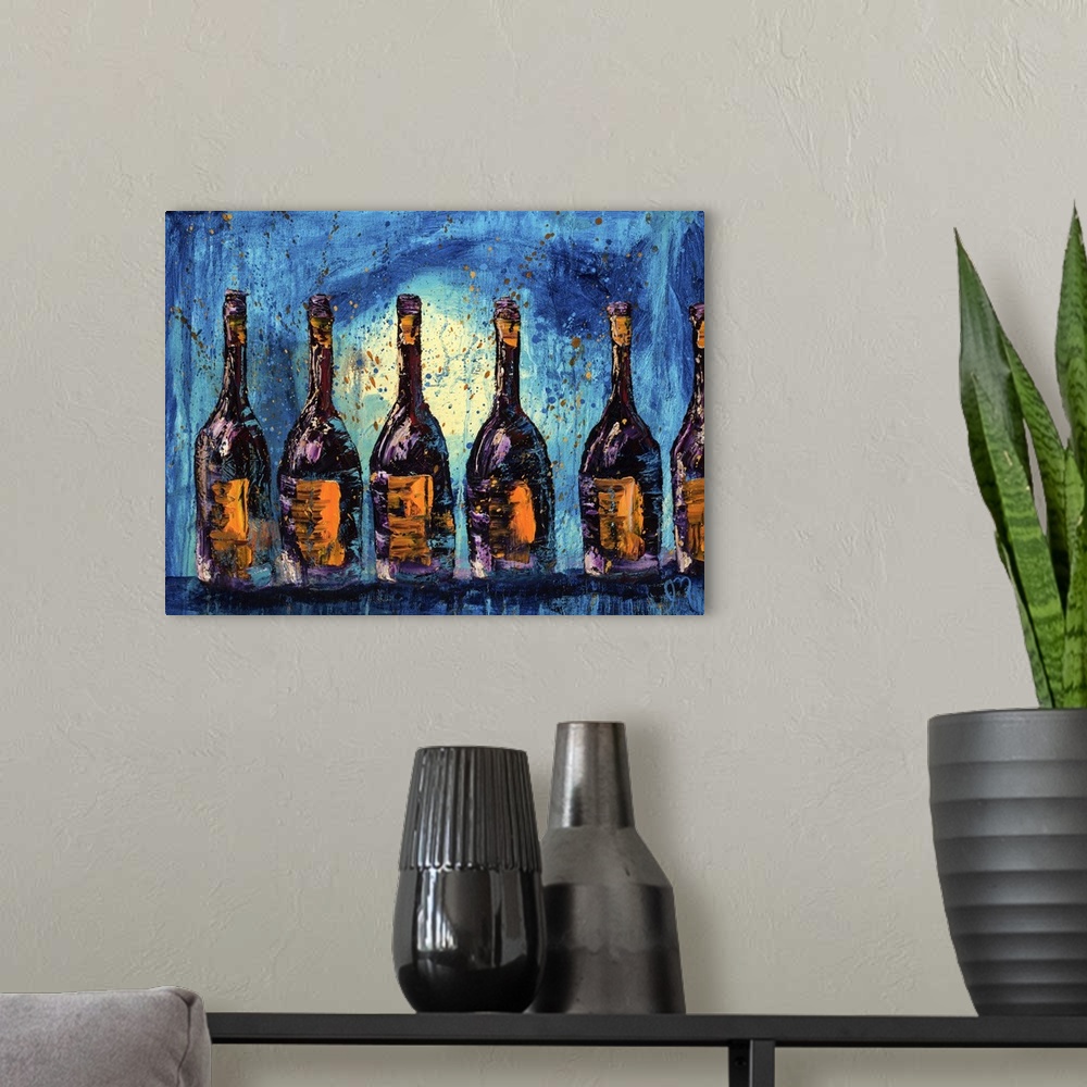 A modern room featuring A row of six wine bottles with yellow labels on a blue background with a paint splatter overlay.