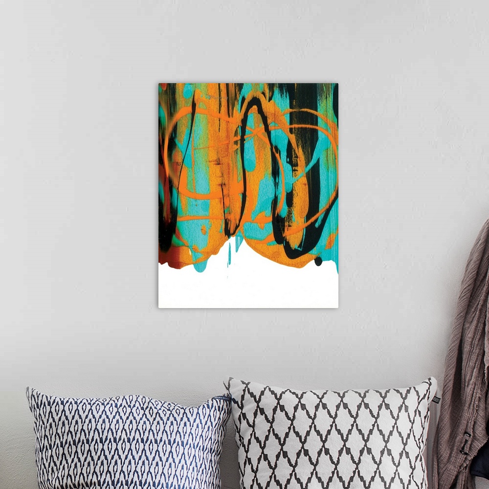 A bohemian room featuring Abstract painting with orange, green, black, and blue hues falling from the top to the bottom.