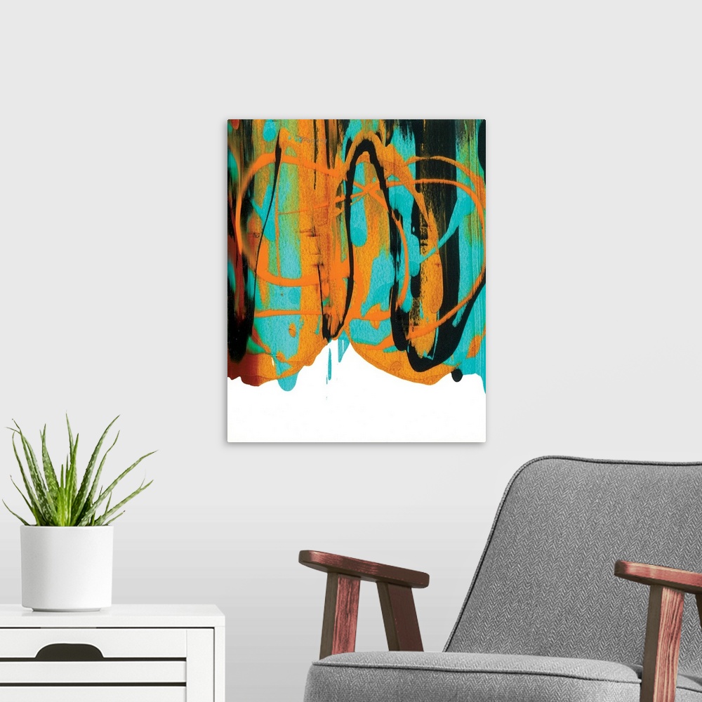 A modern room featuring Abstract painting with orange, green, black, and blue hues falling from the top to the bottom.