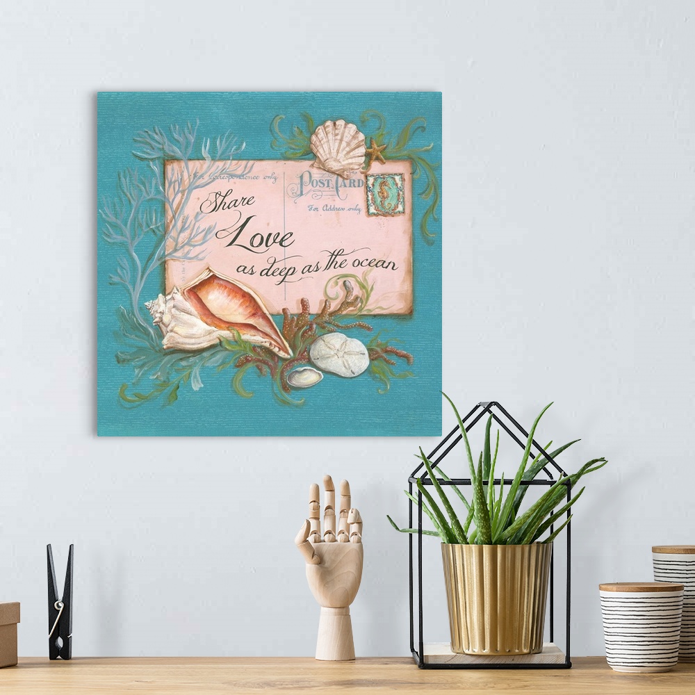 A bohemian room featuring "Share Love as Deep as the Ocean" written on a postcard with painted seashells, coral, and seawee...
