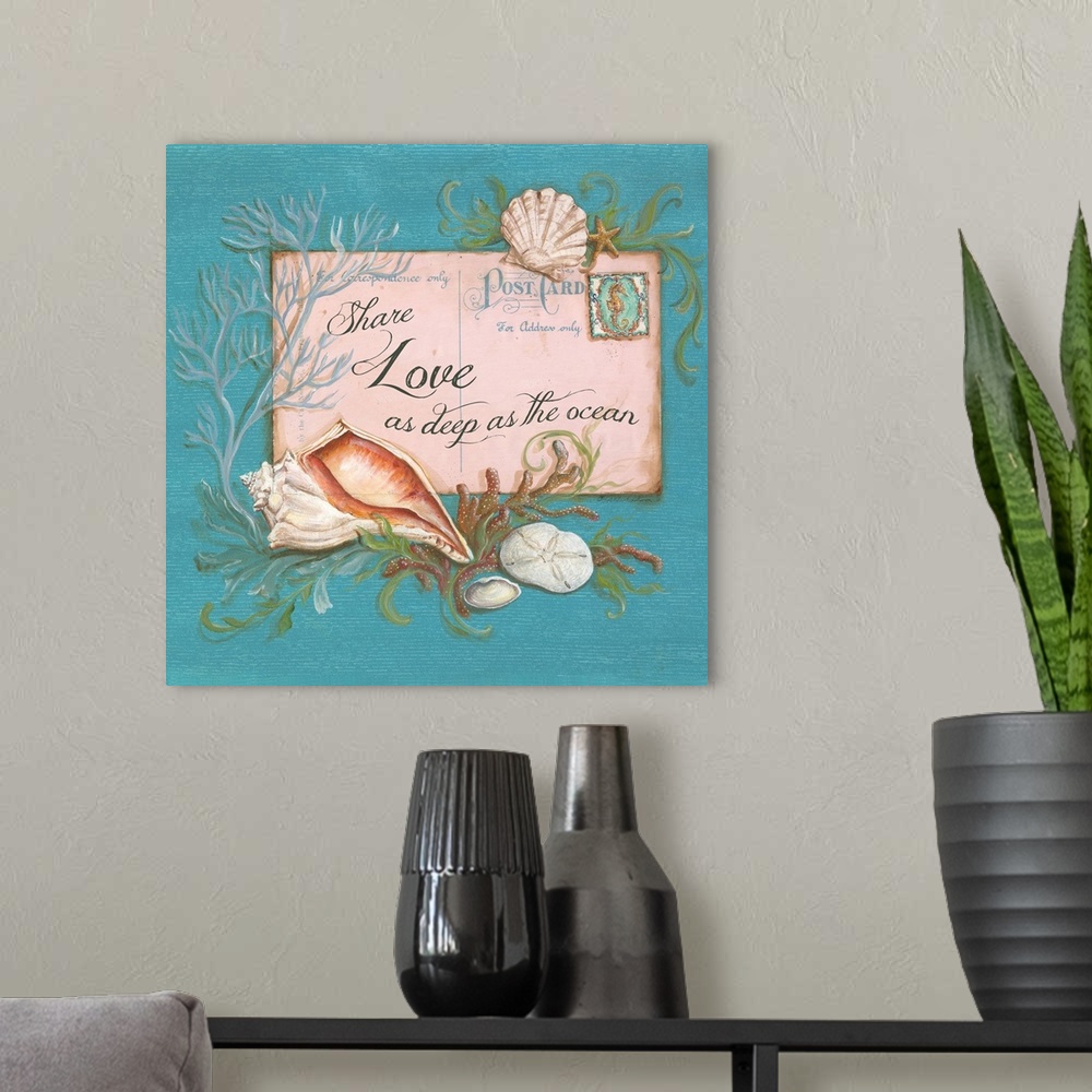 A modern room featuring "Share Love as Deep as the Ocean" written on a postcard with painted seashells, coral, and seawee...