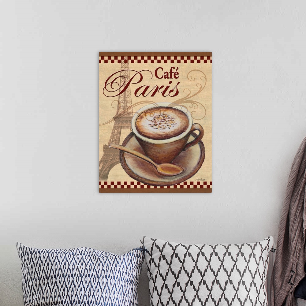 A bohemian room featuring Paris themed decor with an illustration of a cup of coffee with the Eiffel Tower in the backgroun...
