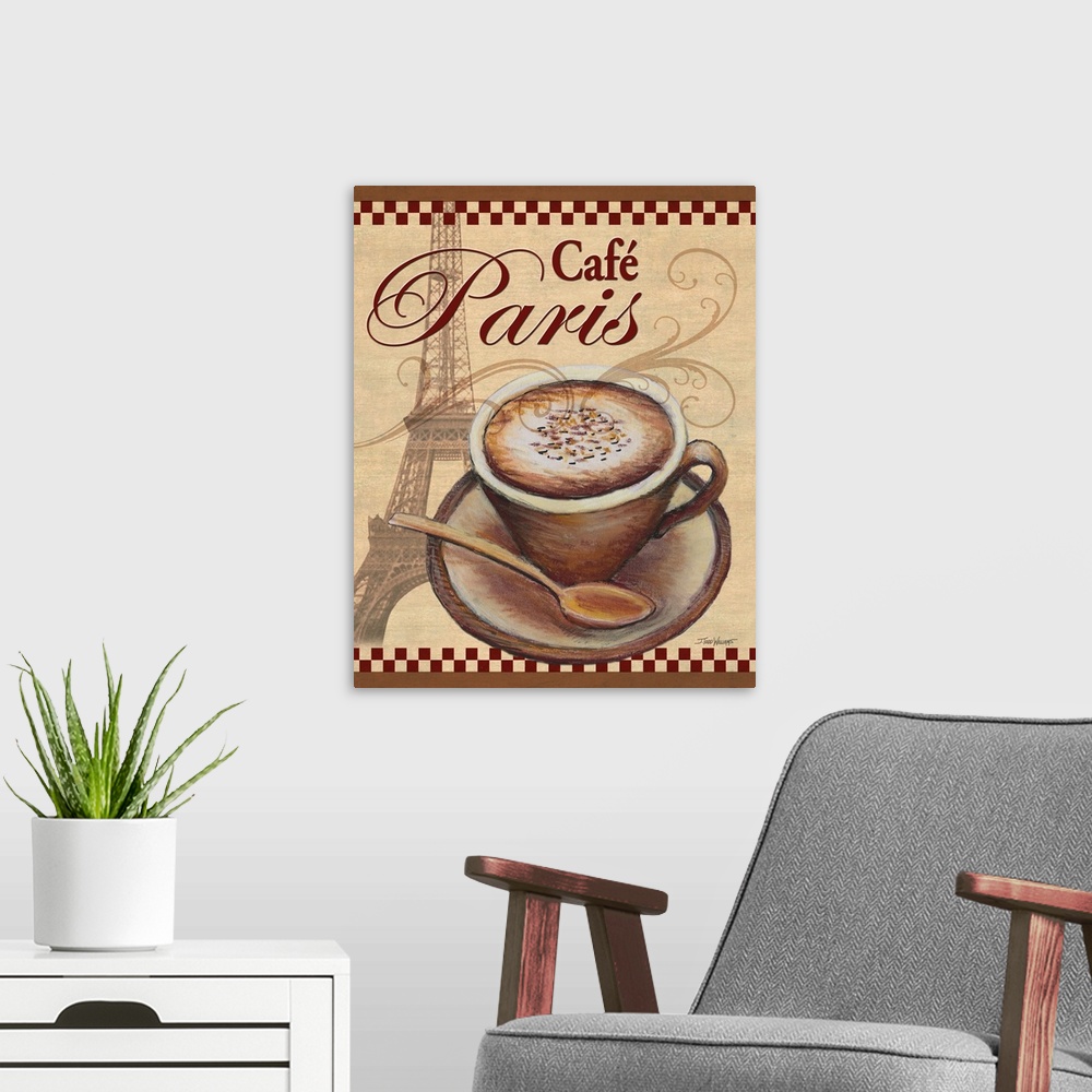 A modern room featuring Paris themed decor with an illustration of a cup of coffee with the Eiffel Tower in the backgroun...