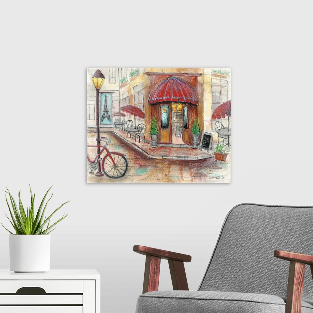 A modern room featuring Sketch of a Paris cafe with red awnings, tables along the sidewalk, and a red bike parked by a la...