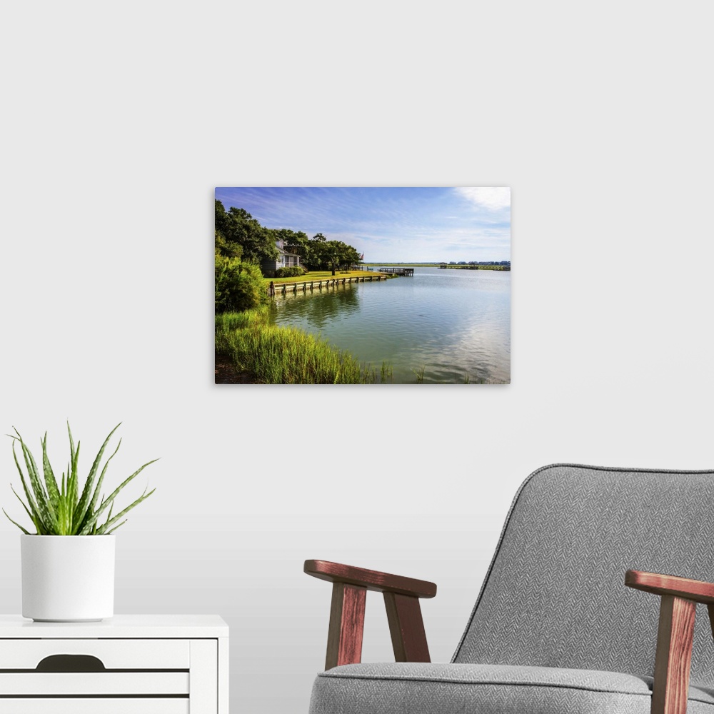 A modern room featuring Tranquil photograph of the channel and marshes of Pawleys Island, South Carolina
