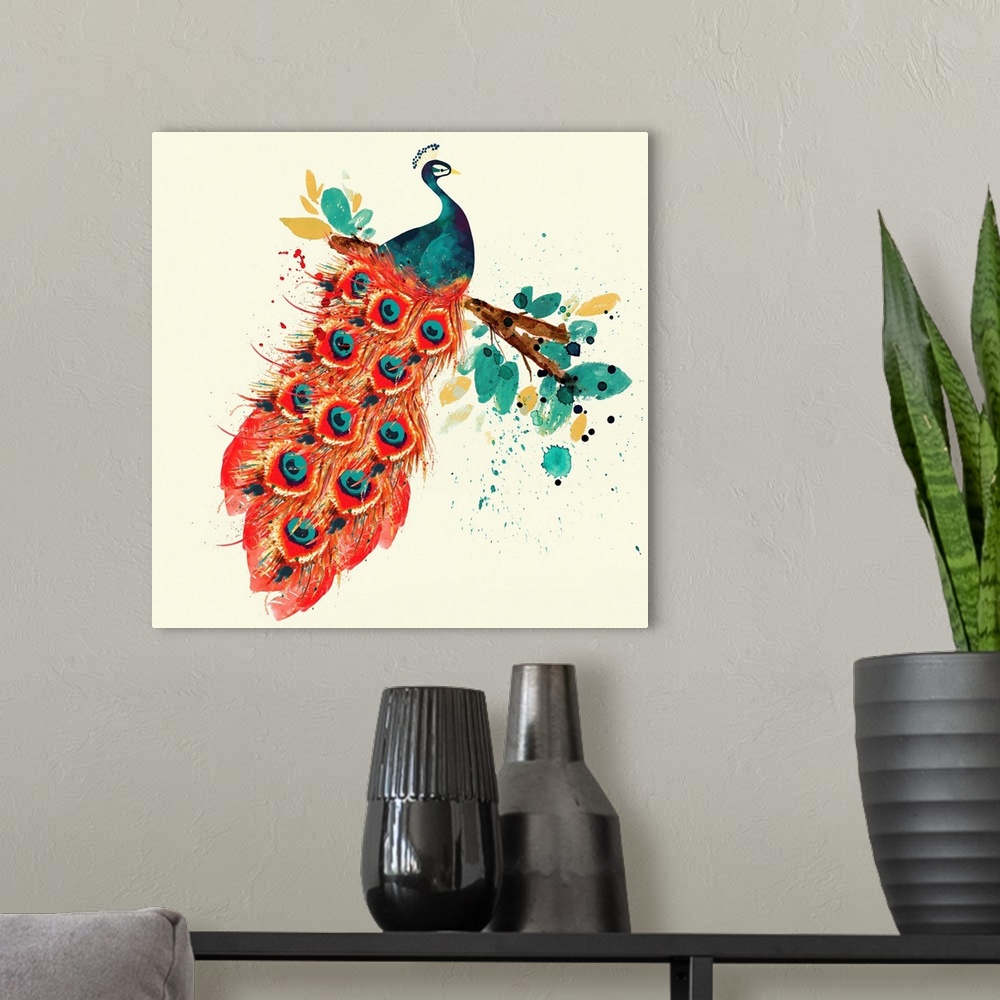A modern room featuring Contemporary artwork of a peacock on a branch with red tail feathers.