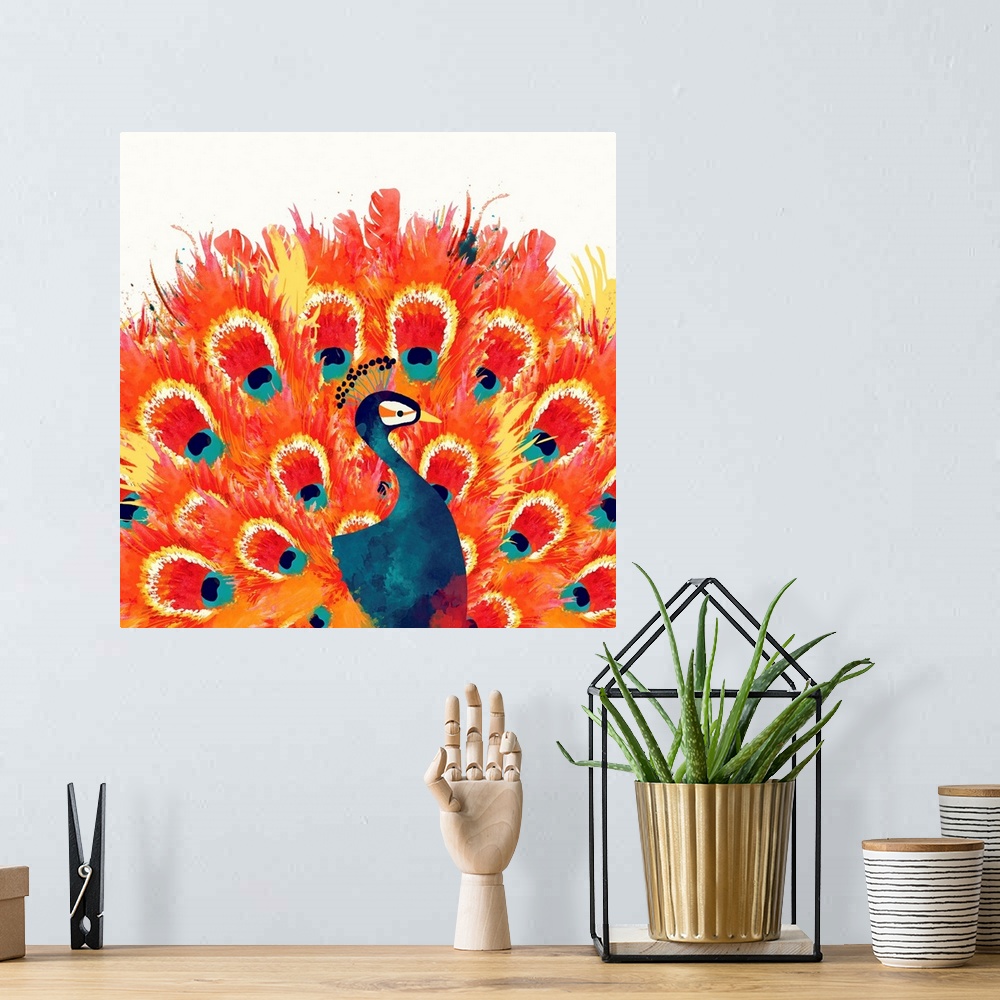 A bohemian room featuring Contemporary artwork of a peacock with large red tail feathers.