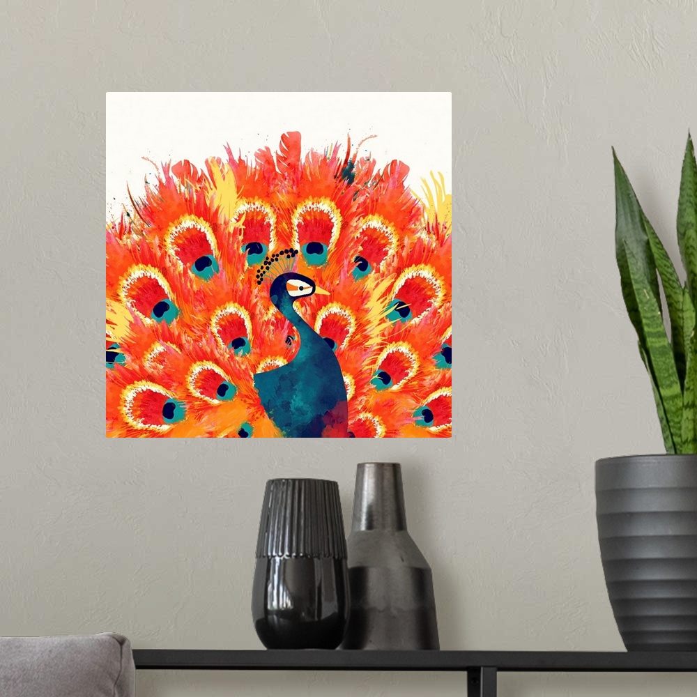 A modern room featuring Contemporary artwork of a peacock with large red tail feathers.
