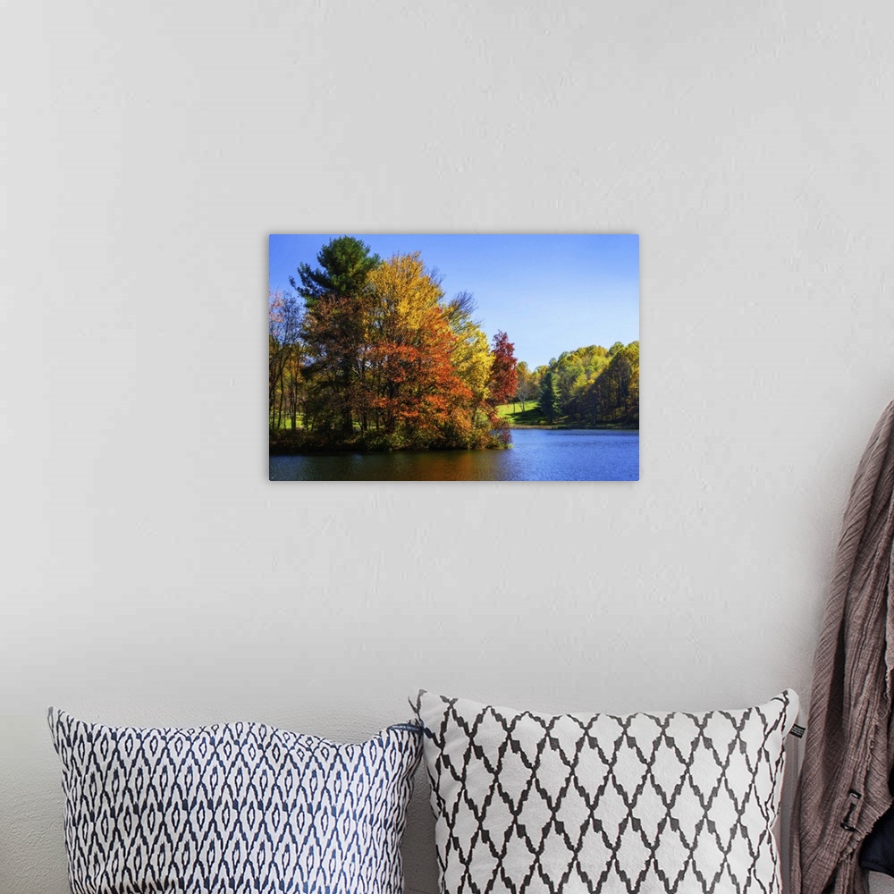 A bohemian room featuring Trees turning fall colors at the edge of a lake.