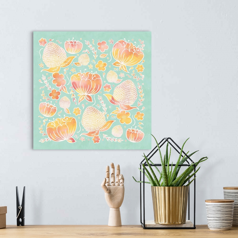 A bohemian room featuring Artwork of pink and yellow flowers with white outlines on a teal background.