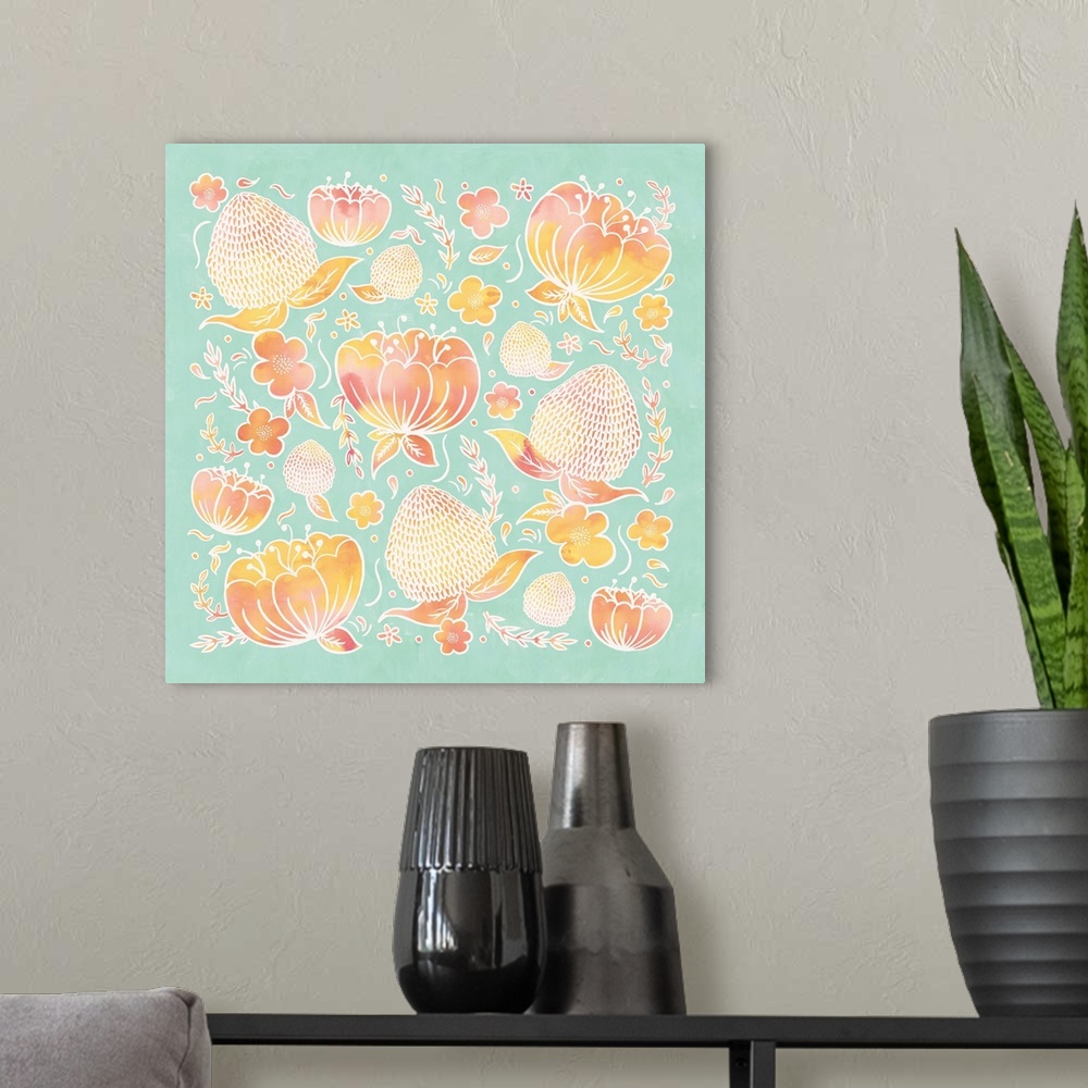 A modern room featuring Artwork of pink and yellow flowers with white outlines on a teal background.