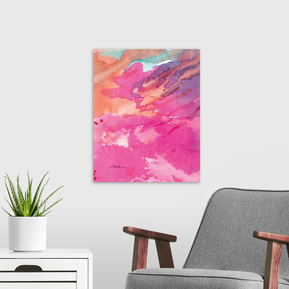 A modern room featuring Abstract watercolor painting with layers of pink, purple, orange, and blue hues.