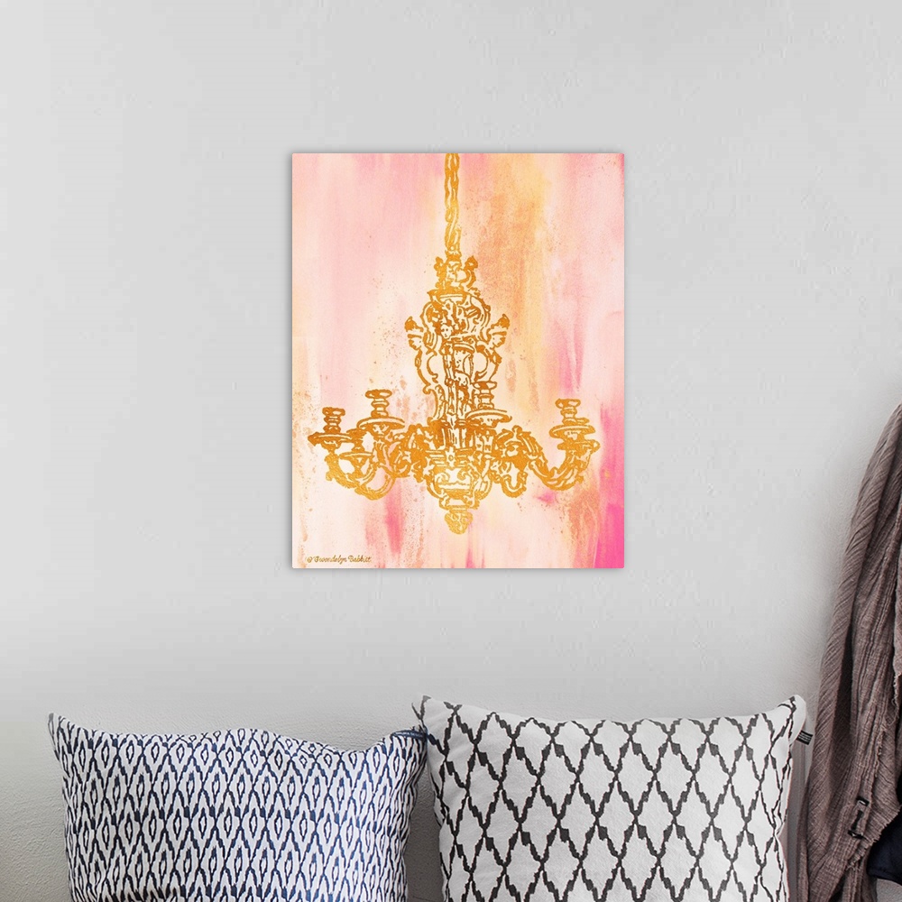 A bohemian room featuring An illustration of a chandelier in gold over a pink background.