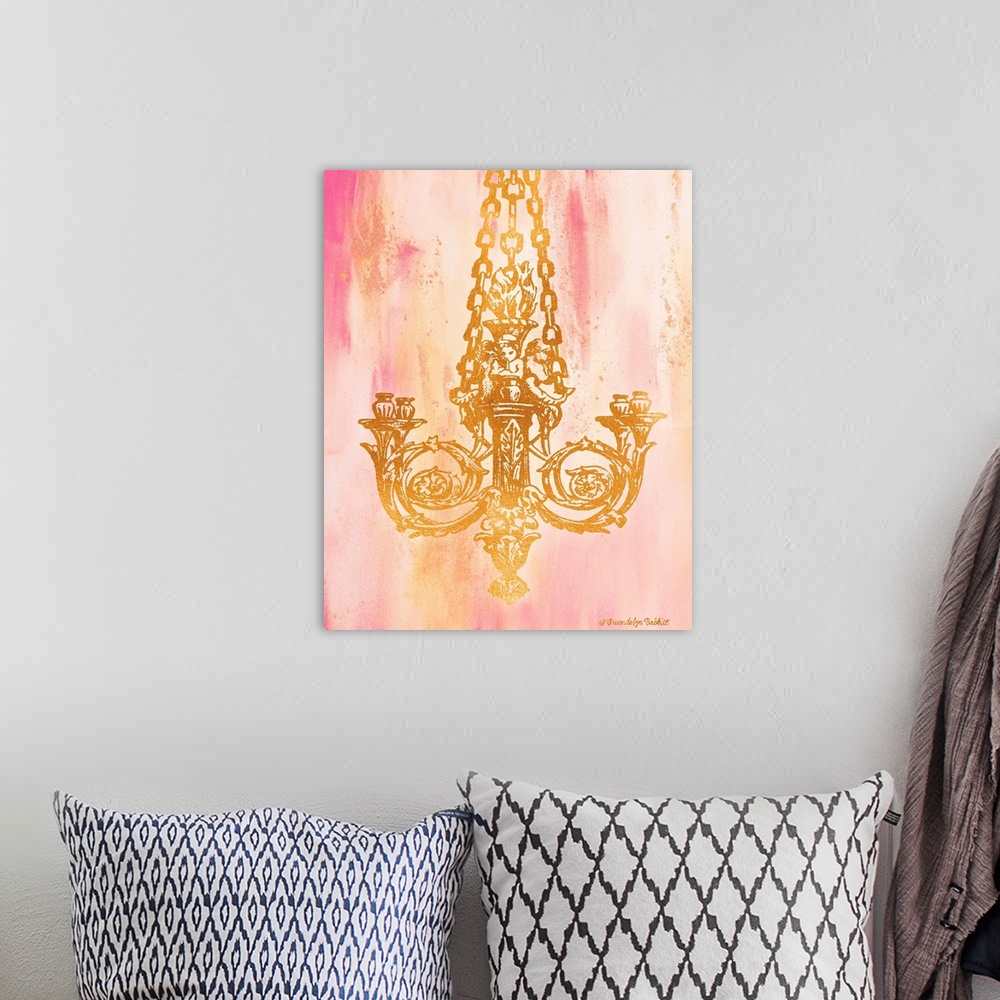 A bohemian room featuring An illustration of a chandelier in gold over a pink background.