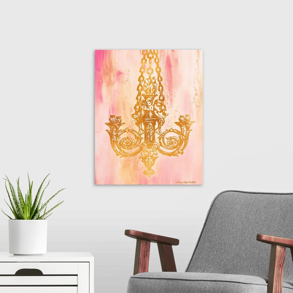 A modern room featuring An illustration of a chandelier in gold over a pink background.